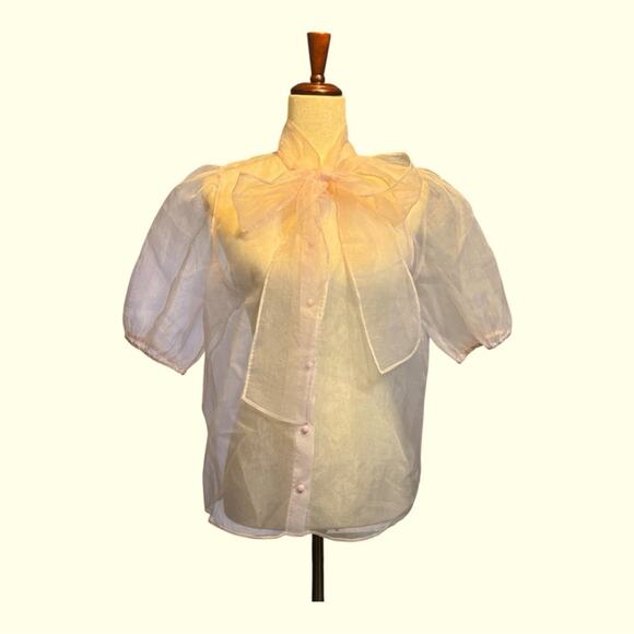 Joie Tops - NWT Joie Pink Sheer Blouse with High Neck Bow and Puffy Sleeves Size Large R0341